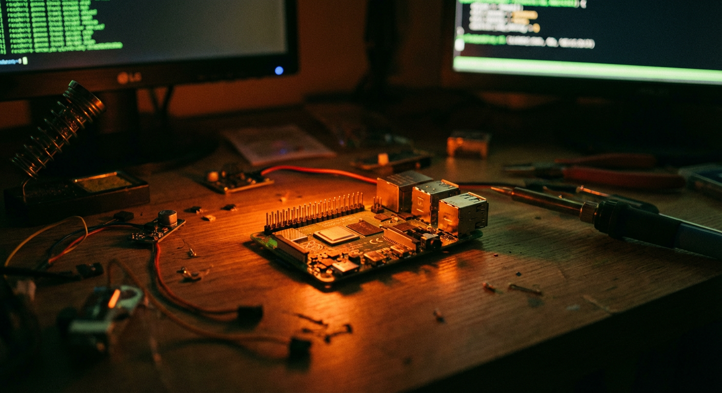 Ein glühender Raspberry Pi Computer auf einem Schreibtisch im Halbdunkeln.