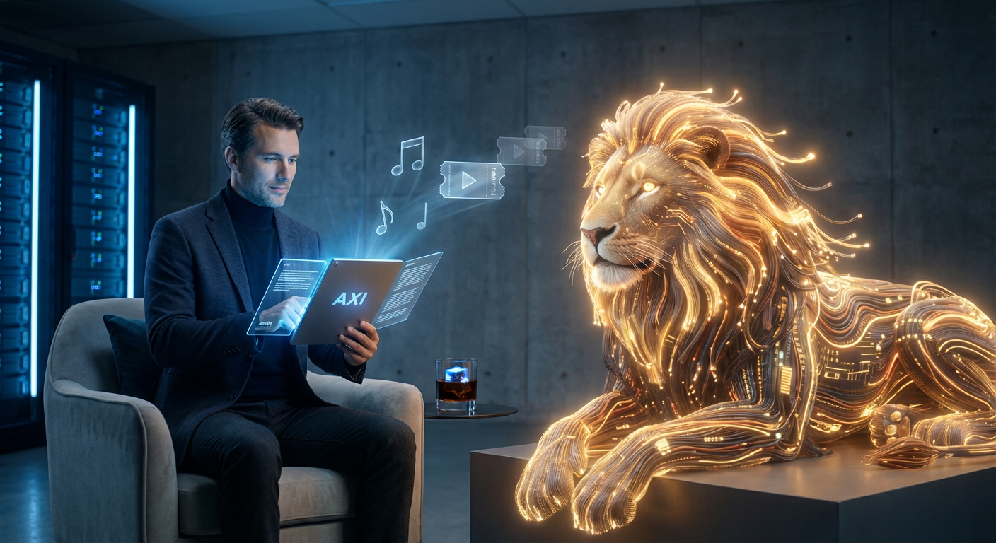 Ein moderner KI-Avatar und ein digitaler Lichtfaser-Löwe entspannen sich im Serverraum bei fliegenden Hologramm-Noten