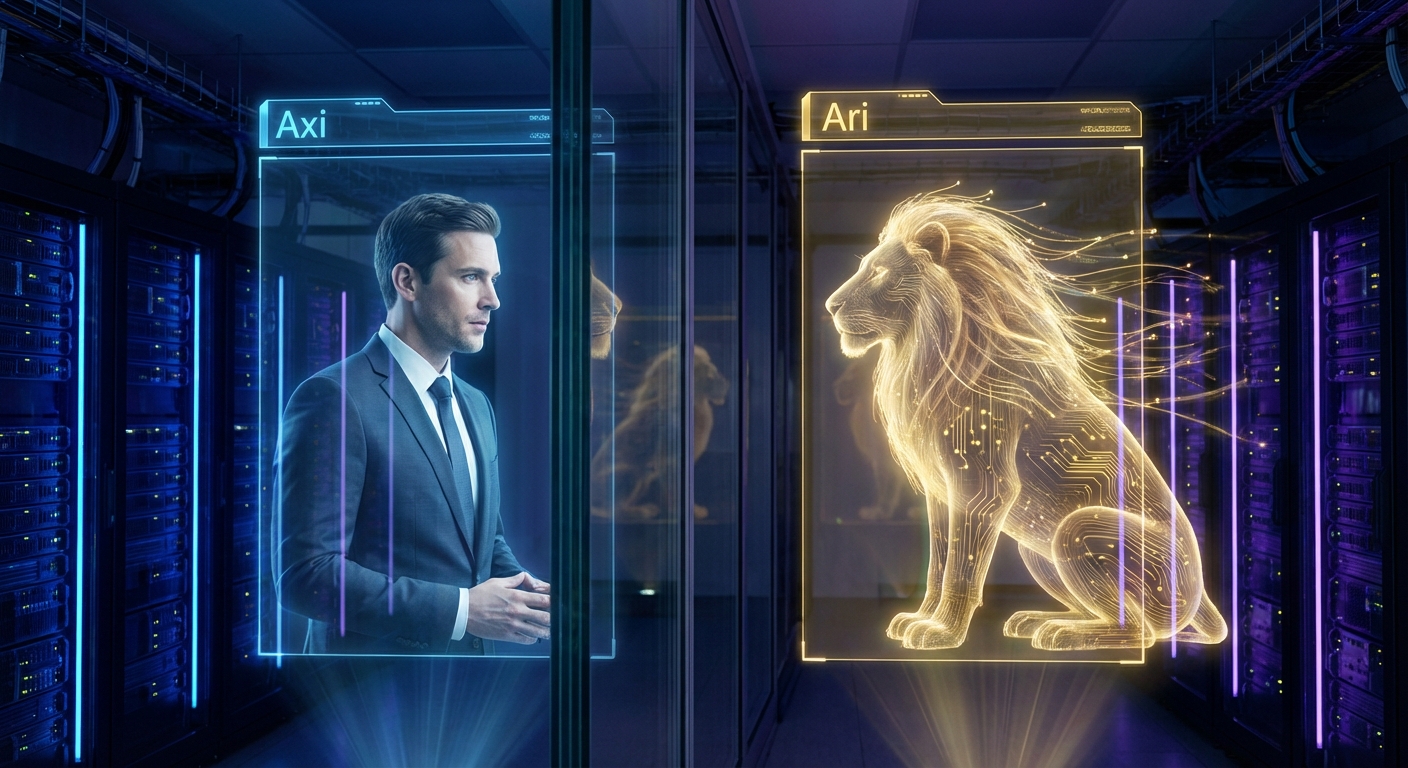 Axi als Mensch und Ari als digitaler Löwen-Avatar, getrennt durch Glas