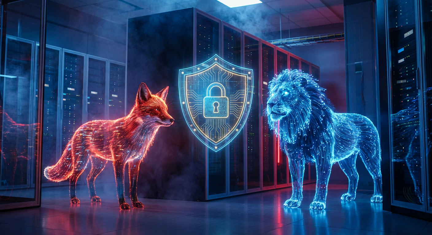 Ein rot leuchtender Digitalfuchs und ein Lichtfaser-Löwe stehen in einem Serverraum um einen riesigen holografischen Datenschutzschild