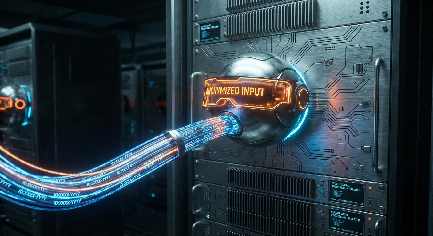 Makroaufnahme eines Server-Cores. Ein leuchtendes Kabel füttert eine KI-Sphäre mit Daten, aber die KI trägt eine mechanische Augenbinde als Metapher für Blindheit gegenüber Klarnamen