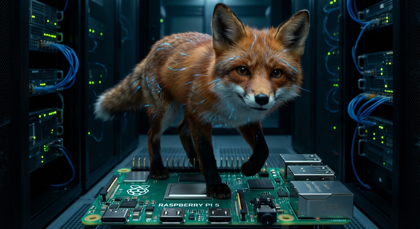 Ein KI-Fuchs mit freundlichem Blick sitzt auf dem Kühlkörper eines Raspberry Pi