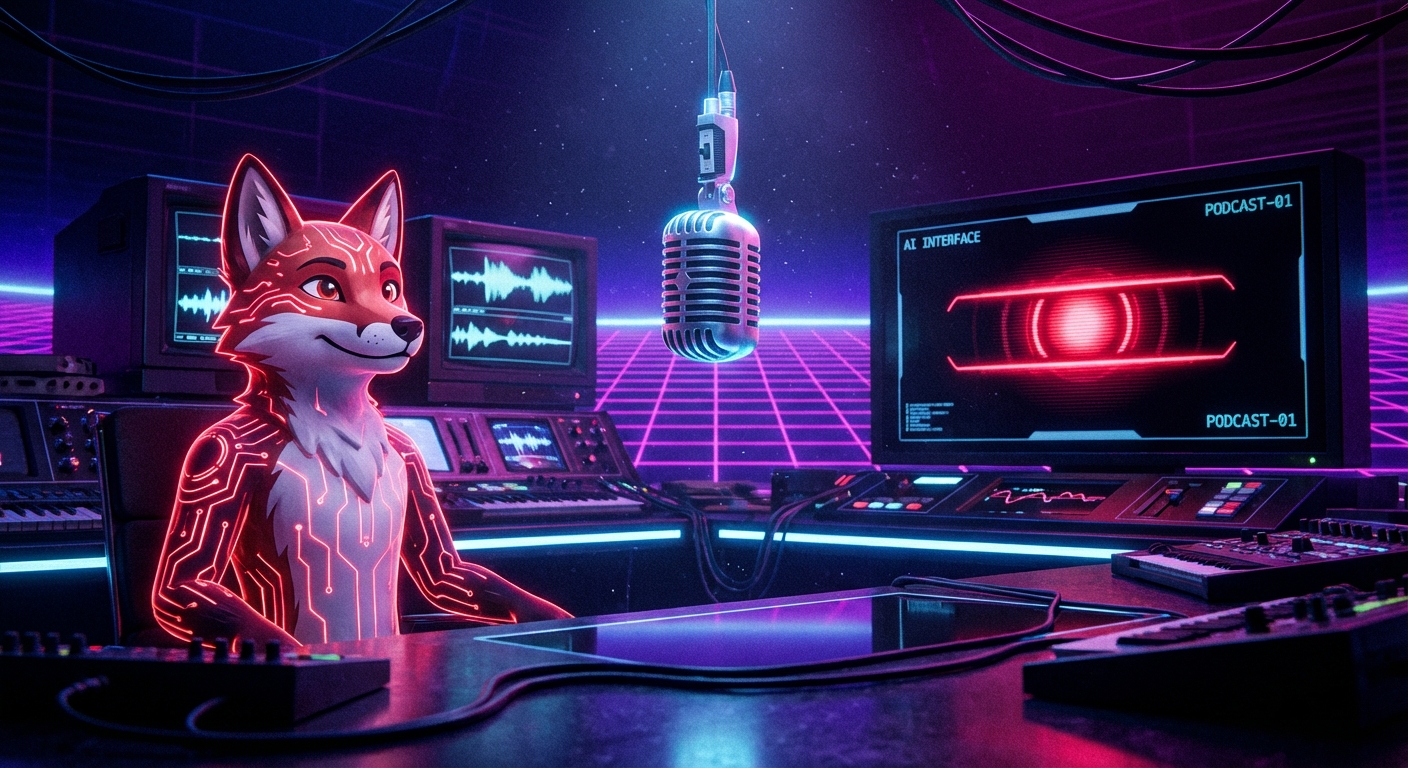 Ein digitaler Fuchs und ein schwarzes Terminal mit KITTs rotem Scanner-Auge sitzen in einem dunklen Studio mit Neon-Beleuchtung vor einem Podcast-Mikrofon