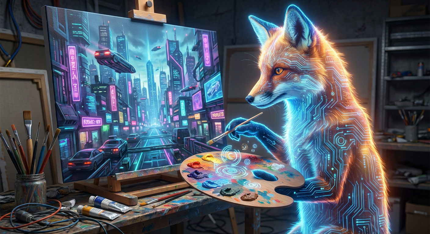 Ein Fuchs hält eine Malerpalette und bewertet sein Gemälde einer Cyberpunk-Stadt auf einer großen Leinwand