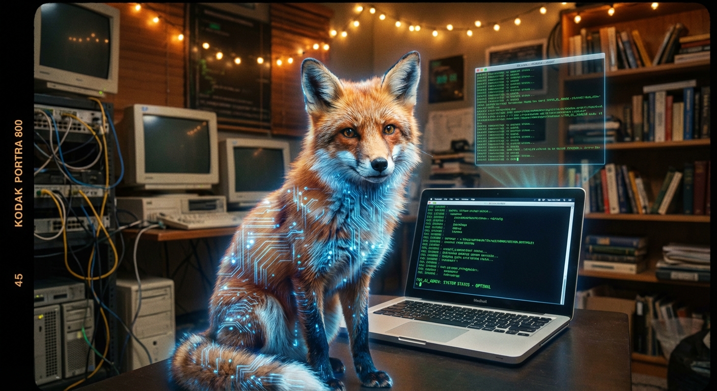 Ein rot leuchtender Digital-Fuchs sitzt an einem aufgeklappten flachen Laptop, codet und agiert als Sysadmin im dunklen IT-Raum