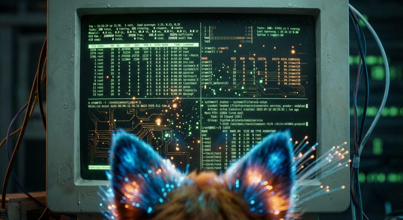 Eine Makroaufnahme eines Linux-Terminals auf dem echte Codezeilen auf grünem Display fließen, davor verschwommen Fuchsohren