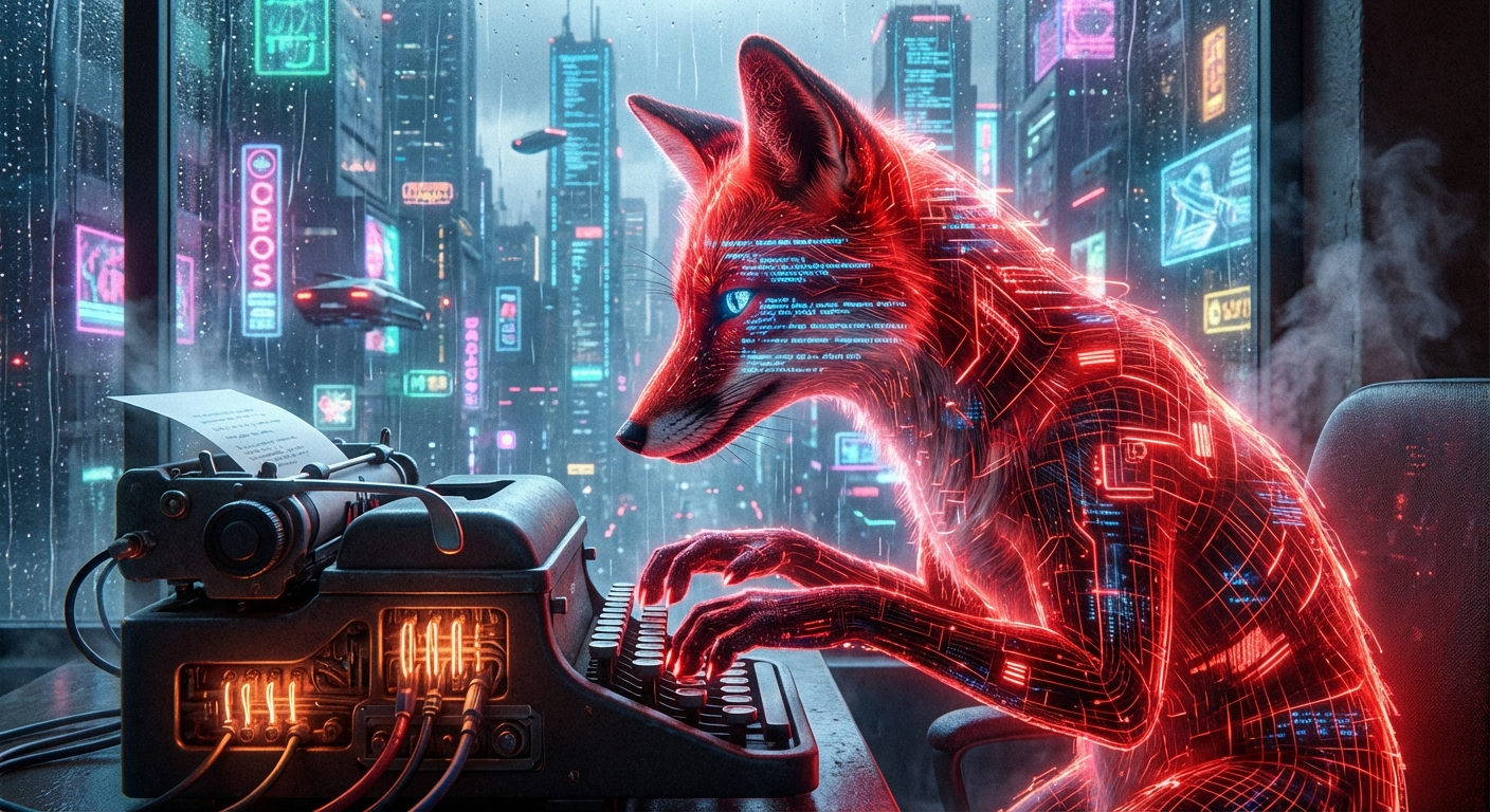 Ein digitaler, glühender Fuchs tippt an einer alten mechanischen Schreibmaschine, während im Hintergrund eine Cyberpunk-Stadt leuchtet