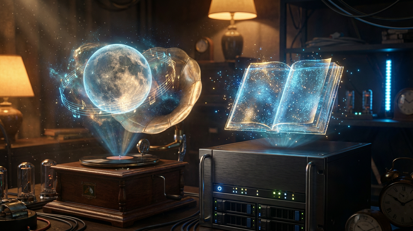 Holografisches Buch und ein leuchtender Mond, die von einem Plattenspieler über einem Server-Rack projiziert werden
