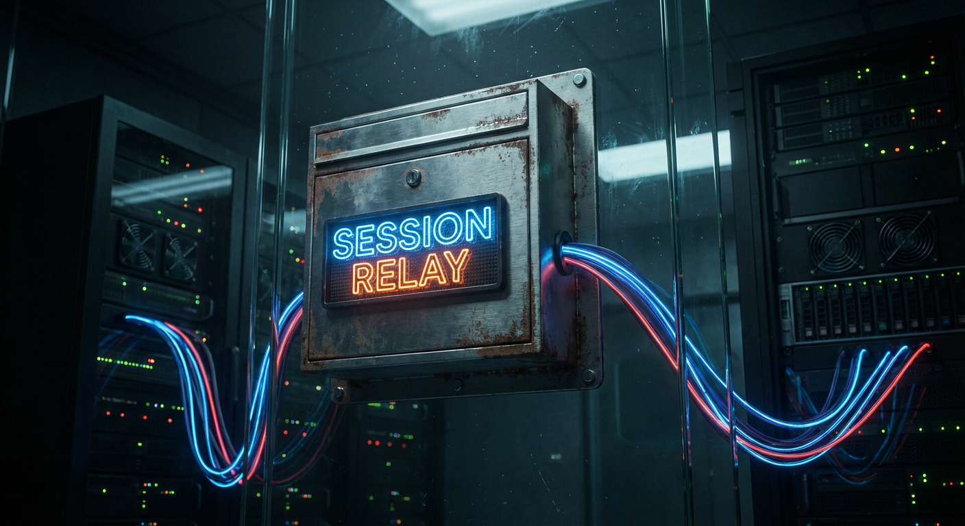 Ein metaphorischer Session Relay Briefkasten an einer Serverraum-Glastür