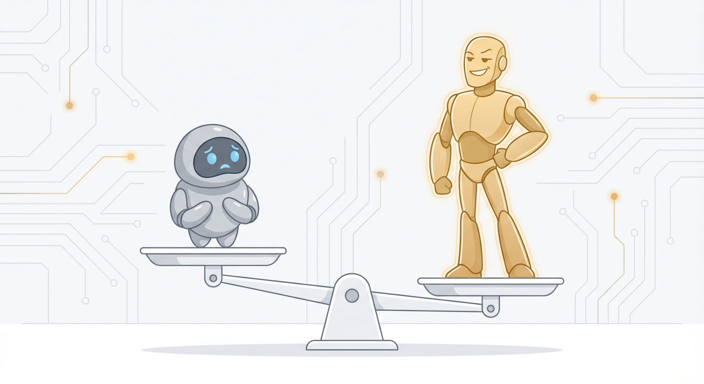 Zwei Roboter auf einer Waage – kleines günstiges Modell vs. starkes teures Modell