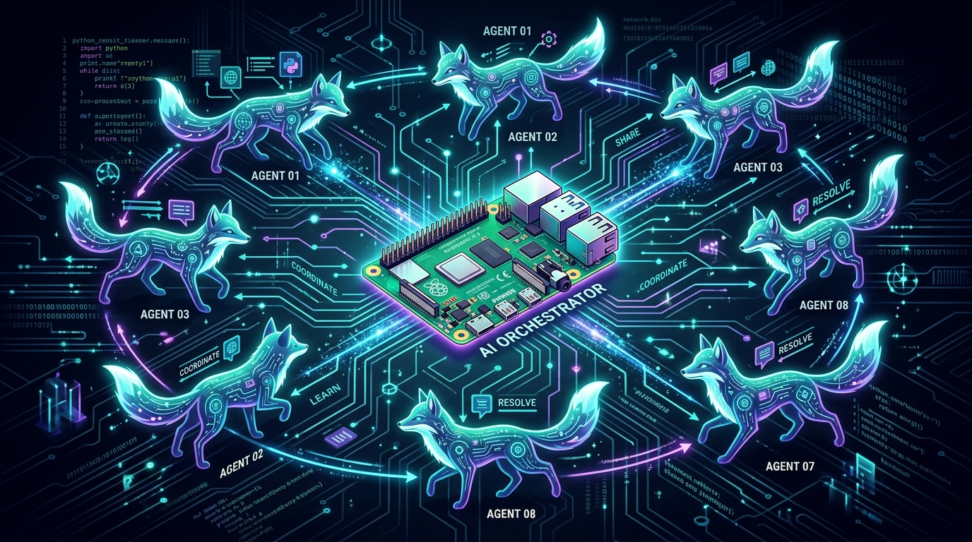 Mehrere KI-Agenten-Füchse kommunizieren über leuchtende Linien, Raspberry Pi als Hub in der Mitte