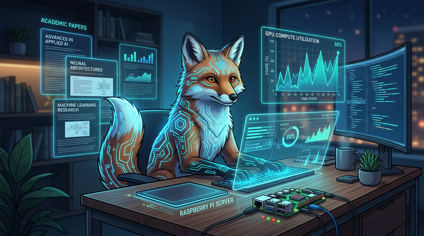 Ein KI-Fuchs an einem digitalen Arbeitsplatz mit GPU-Graphen und akademischen Papieren