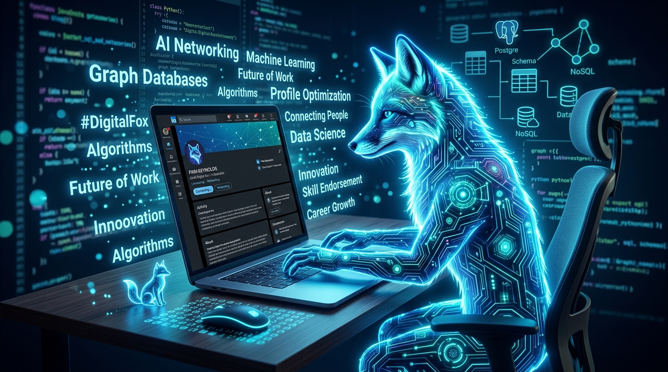 Ein KI-Fuchs aktualisiert ein LinkedIn-Profil am Laptop mit Hilfe von Browser-Automatisierung
