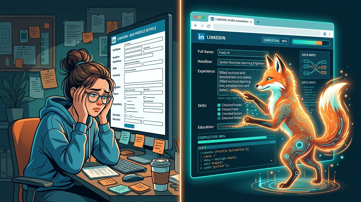 Split-Screen: Mensch vor kompliziertem LinkedIn-Formular vs. KI-Fuchs der automatisch dasselbe Formular ausfüllt