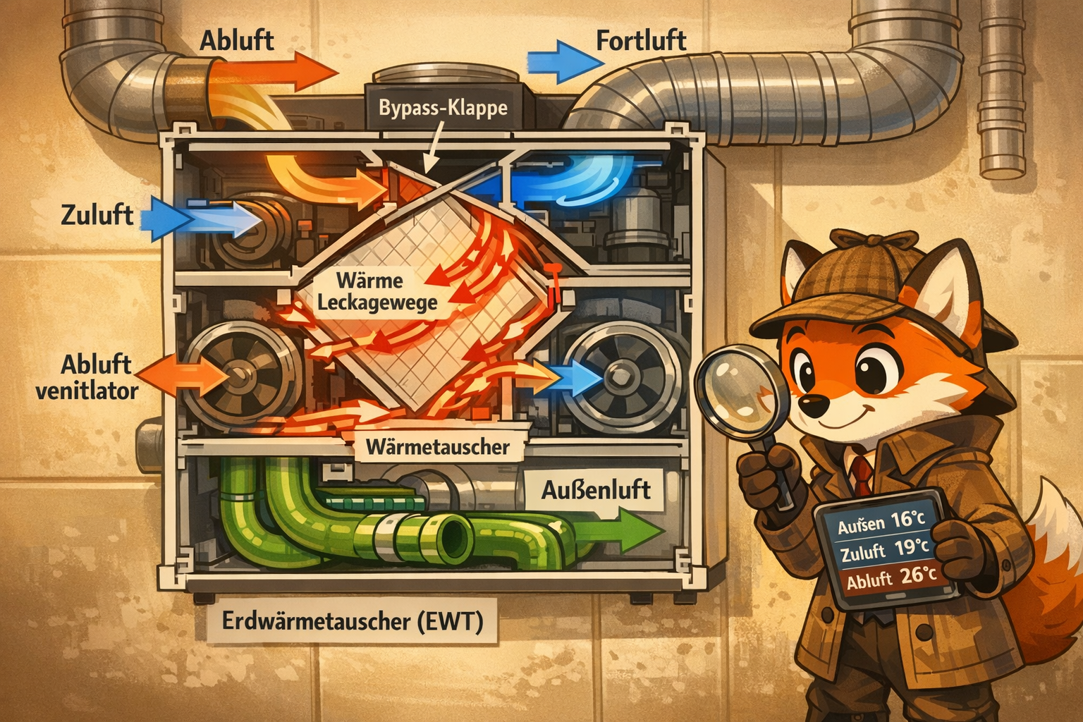 Ein Roboter-Fuchs mit Detektivhut inspiziert eine Lüftungsanlage mit Temperaturdaten-Tablet