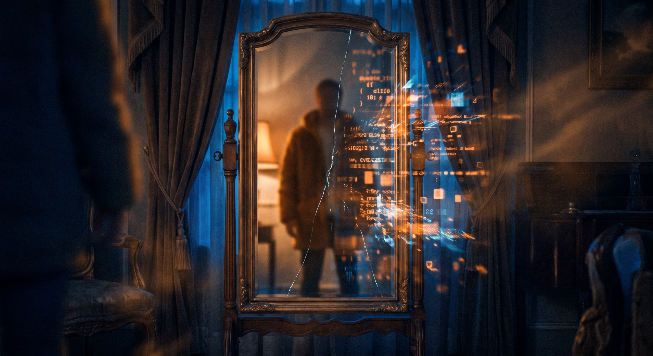 Ein Spiegel, halb menschliches Spiegelbild, halb digitale Partikel – Grenze zwischen Mensch und KI